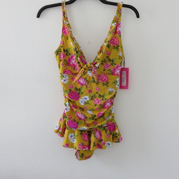 (#110) Betsey Johnson Yellow Skirted One Piece Swimsuit with Floral Design - Picture 1 of 9